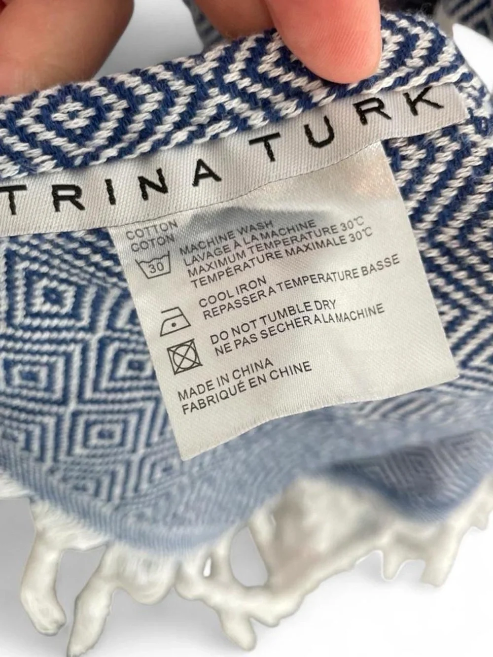 Trina Turk 100% Cotton Blue White Tassels Diamond Stitch Bath Beach Towel
